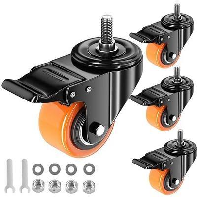 2 Inch Caster Wheels 1/4" Threaded Stem Casters Set of 4 Heavy Duty | 1/4"-20x1", PU Wheels, Swivel, Safety Dual Lock, Quiet & Smooth-Rolling for Cart, Furniture, Tool Box, Wire Shelving, 600Lbs