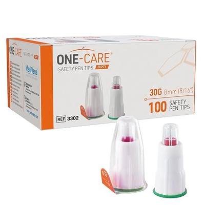 ONE-CARE Opti Safety Pen Tips 30G x 8mm (5/16''), 100ct Box | Universal Fit, Twist-On Connection, Consistent Performance, Compact Design, Thin-Wall Tech, Individually Sealed, Comfortable