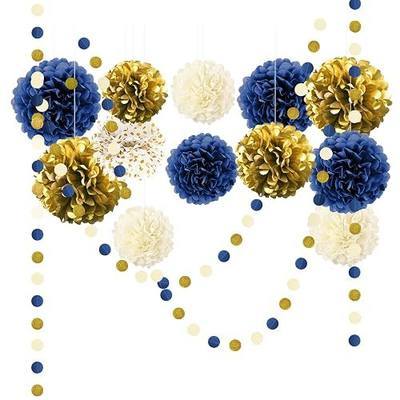NICROLANDEE 15 PCS Navy Blue Gold Tissue Paper Pom Poms for Men Birthday | Baby Bridal Shower, Wedding, Bachelorette, Graduations, Navy Blue Engagement Party Backdrop Dot Paper Decorations
