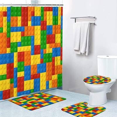 LOKMU 4 Pcs Shower Curtain Sets, Colorful Blocks, 72"x72" | Non-Slip Rugs, Toilet Lid Cover, Bath Mat, Waterproof with 12 Hooks