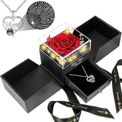 Gifts for Mom from Daughter and Son, Unique Mothers Day Birthday Gift Idea, Preserved Red Real Roses with I Love You in 100 Languages Mom Necklace, Cool Present to Mother Mama -Red