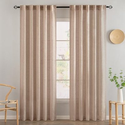 MIULEE Taupe Linen Curtains 96 Inch Long for Bedroom Living Room, Soft Thick Linen Textured Window Drapes Semi Sheer Light Filtering Back Tab Rod Pocket Burlap Look Farmhouse Country Decor, 2 Panels