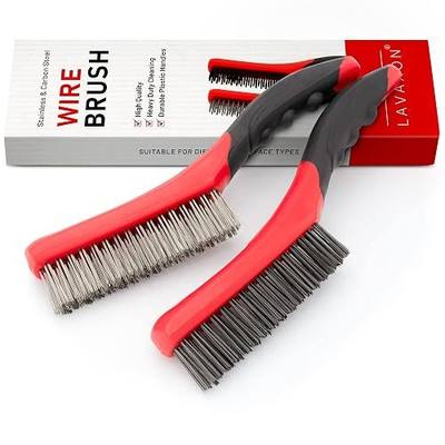Lavaxon Wire Brush Set-Heavy Duty Stainless & Carbon Steel Bristles with Plastic Handle Grip for Rust, Wielding Slag, Dirt & Paint Scrubbing with Deep Cleaning – 10 Inches, Large (Pack of 2-Red)