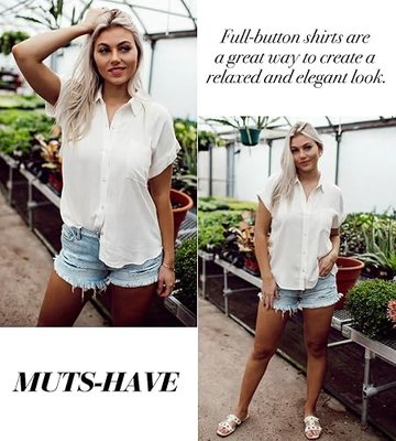 Women Chiffon Button Down Shirts with Pocket Short Sleeve Office Blouses V Neck Casual Business Tops Slim Fit Shirts