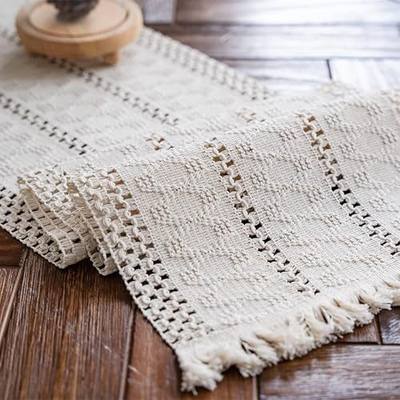 Macrame Table Runner Cream Beige Boho Table Runners with Tassels Hand Woven Cotton Table Runner Rustic Farmhouse Table Runners for Bohemian Kitchen Dining Table(12x71in)