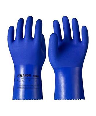 LANON PVC Chemical Resistant Gloves, Heavy-Duty Rubber Gloves, Acid, Alkali and Oil Protection, Non-Slip, Blue, Large