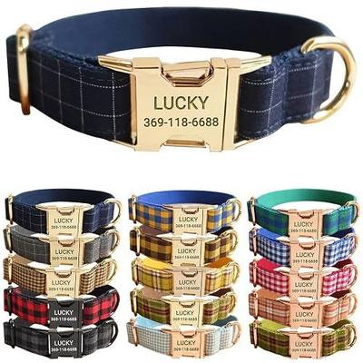 PETDURO Personalized Windowpane Plaid Dog Collar Blue with Name and Phone | Heavy-Duty Engraved Gold Metal Buckle, Adjustable Custom for Small Medium Large Boy Girl Dog - Optional Leash & Bow Tie