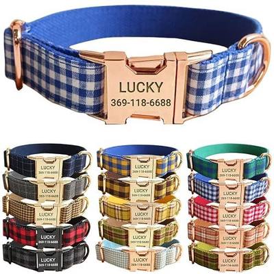PETDURO Personalized Gingham Plaid Dog Collar Blue with Name and Phone | Heavy-Duty Engraved Rose Gold Metal Buckle, Custom for Small Medium Large Boy Girl Dog - Optional Leash & Bow Tie