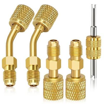 Mini Split Adapter, R410a Adapter Straight & Angled Charging Vacuum Port Adapter, 5/16'' Female to 1/4''SAE Male R410 Fitting with Valve Core Tool, for Air Conditioner Refrigeration Service