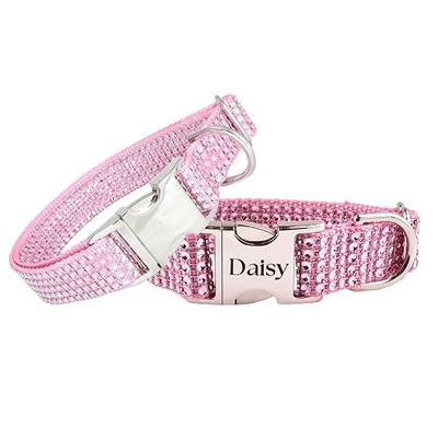 Fancy Rhinestone Dog Collar, Engraving & Leash Option, Handmade USA, Bling Dog Collars Gift, Personalized Jeweled Rhinestones Pet Puppies Small Medium Large Dogs (Pink, Extra Large 1½ x 17-29")