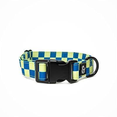 Lucy & Co. Have a Nice Day Dog Collar - Durable Lightweight Designer Collar for Pets - Adjustable Metal Safety Buckle - Lime Green Blue Checker - Large