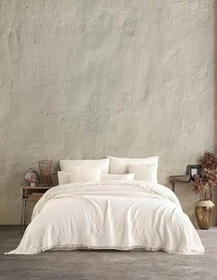 Handmade Bohemian 4-Layer Gauze Bedspread Only, 100% Cotton Muslin, Breathable Lightweight Coverlet, Natural Undyed Ivory Beige Jacquard Design, Oversize 100 × 120 Inches, Made in Turkey