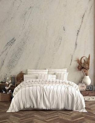 Handmade Bohemian 4-Layer Muslin Bedspread Only, 100% Organic Cotton, Natural Undyed Ivory with Black Pinstripes, Breathable Gauze Coverlet, King Size, Made in Turkey