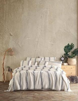 Handmade Bohemian 4-Layer Gauze Bedspread Only, 100% Organic Cotton Muslin, Breathable Lightweight Coverlet, Natural Undyed Ivory with 5 Black Stripes, Queen Size, Made in Turkey
