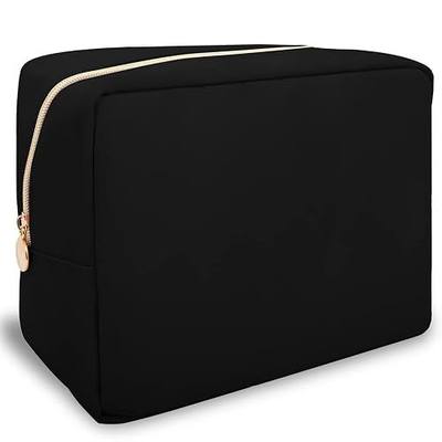 Nylon Large Makeup Bag Travel Pouch for Women, Preppy Big Black Makeup Bag Cute Cosmetic Zipper Pouch Purse, DIY Chenille Letter Bag Waterproof Toiletry Bag Clutch Make Up Organizer for Girls(Black)