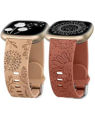 Minyee 2 Packs Floral Engraved Band Compatible with Fitbit Versa 4/Versa 3/Sense 2/Sense Band Women, Cute Silicone Dandelion Sunflower Design Soft Sport Fancy Summer Strap for Versa 4