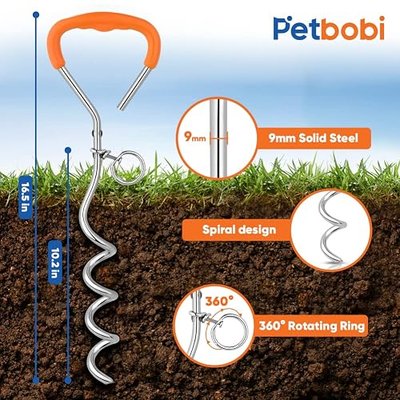 Petbobi Dog Tie Out Stake - 16″ Heavy Duty Dog Anchor for Yard Camping, 9mm Solid Steel, Soft Grip Handle Spiral Stake with No Tangle Connect Ring for Small to Large Pets Up to 120lbs, Orange