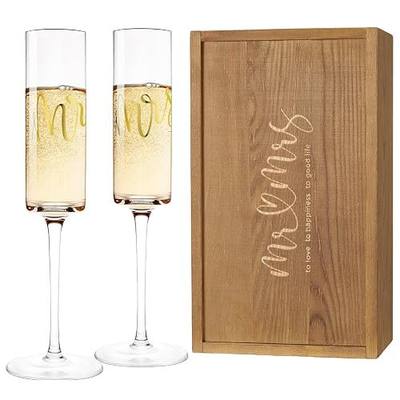 AW BRIDAL Mr and Mrs Champagne Flutes Set of 2, Engagement Gift for Couples and Newlyweds, Bridal Shower Gifts for Bride to Be, Wedding Anniversary Toasting Glasses Set with Wooden Box