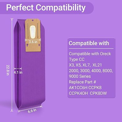 Upgraded Type CC HEPA Upright Vacuum Cleaner Bags Compatible with Oreck Elevate Vacuum Models X3, X5, XL7, XL21, 2000, 3000, 4000, 8000, 9000 Series, Replace Part # AK1CC6H CCPK8 CPK8DW,6 Pack