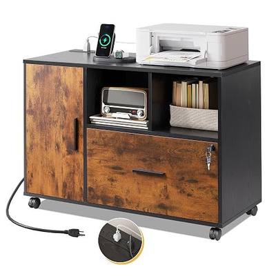DEVAISE File Cabinet with Charging Station, 1 Drawer Rolling File Cabinet, Locking Filing Cabinet for Home Office, Wood Printer Stand with Storage, Rustic Brown | Locking & Charging Station, Lateral Rolling Filing Cabinet, Doors and Shelves, Fits Legal/letter/A4, for Home Office, Study