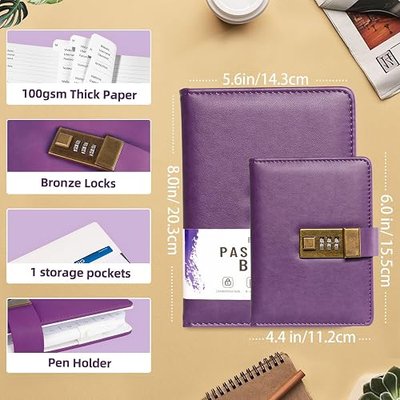 Password Book with Lock, Small Password Keeper with Alphabetical Tabs, Password Organizer for Computer and Internet Address Website Login, Gifts for Home and Office, 4.4'' x 6'' - Purple