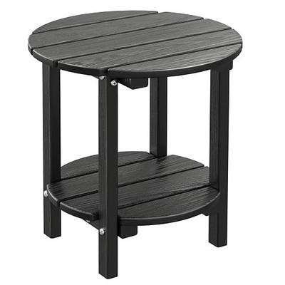 2 Tier Round Outdoor Side Table with Wood-Like Grain, HDPE Adirondack Table Patio Side Table, Weather Resistant End Table for Pool, Patio & Porch, Small Outdoor Table(Black, Round)