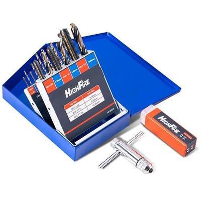 HIGHFIRE 18-Piece Metric Drill and Tap Set with 1 Piece T-Handle Ratchet, Black and Gold Premium HSS Jobber Length Drill Bits and Hand Plug Taps with Metal Indexed Box