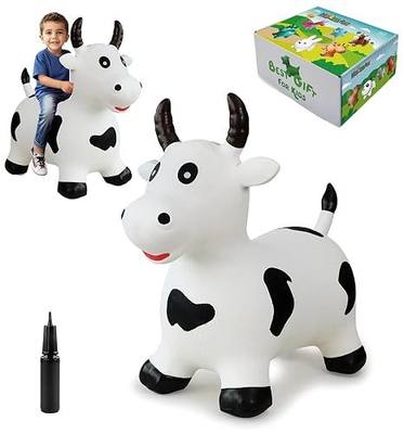 HotMax Bouncy Cow Hopping Horse Toys, Inflatable Bouncing Animal Hopper for Toddlers or Kids, Ride on Jumping Farm Toys for Boy or Girl Birthday Gift 2 3 4 Year Old (White Cow)