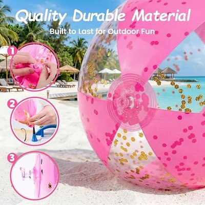 POPLAY 16 Inch Inflatable Beach Balls, 3 Pack Glitter Beach Balls Pool Toys with Confetti Sparkling Balls for Kids Toddlers Adults Summer Pool Party Favors