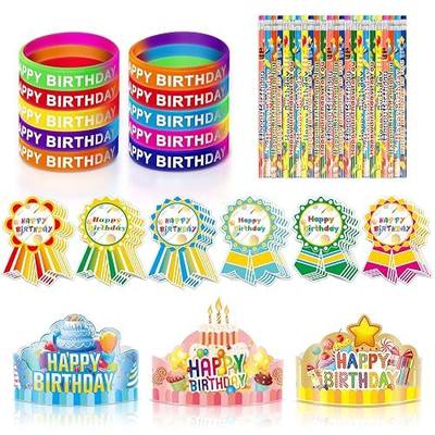 120 Pcs Happy Birthday Crowns/Rubber Bracelets/ Stickers/ Pencils #2 Gifts for Kindergarten Kids Students- Party Hats/It's My Birthday Sticker/Silicone Stretch Wristband for Party School Teacher
