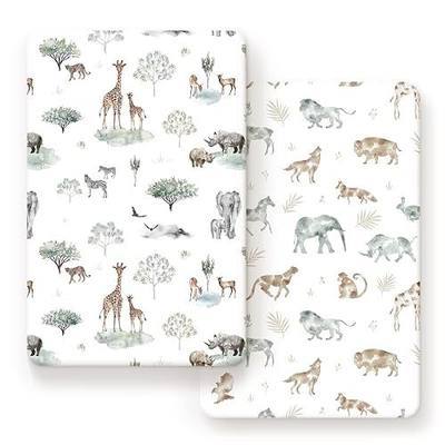 Stretchy Ultra Soft Jersey Knit Fitted Pack n Play Sheets Set 2 Pack, Portable/Mini Crib Sheets for Boys and Girls, Stylish Playard Sheets Fitted Safe and Snug, African Savannah Animals Pattern
