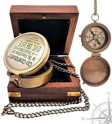 Nautical Compass Go Confidently in the Direction of Your Dreams! Live the Life You've Imagined Engraved Solid Brass Navigational Vintage Marine Compass with Wooden Box
