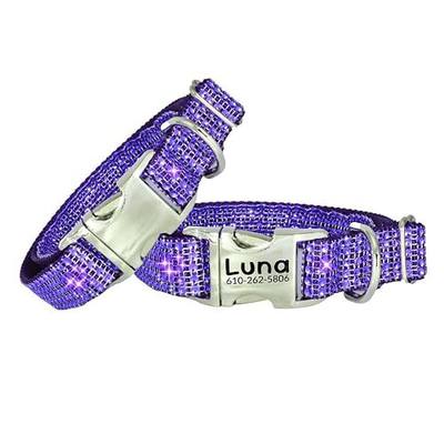 Fancy Rhinestone Dog Collar, Engraved Buckle & Leash Options, Handmade USA, Bling Dog Collars, Sparkling Personalized Pet Puppies Small Medium Large Dogs (Violet Purple, Small 3/4 x 10-15″)