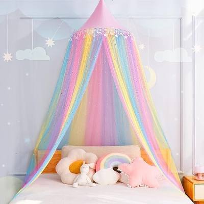 Rainbow Bed Canopy for Girls,Shiny Kids Princess Round Dome Bed Curtain with Star Moon Glitter,Kids Crib Canopy Play Tent Canopy Dreamy Bed Netting