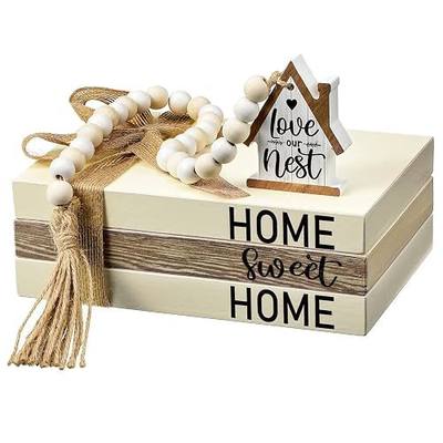 Tatuo 4 Pcs Wooden Farmhouse Decorative Books for Home Decor Coffee Table Faux Books for Decoration White Fake Decorative Home Sweet Stacked Display Set with Beads Garland Shelf Living Room Decor