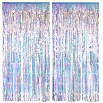 Iridescent Party Streamers Backdrop - GREATRIL Neon Transparent Holographic Tinsel Foil Fringe Curtain for Mermaid/Frozen/Sea/Euphoria/ERAS Party Theme Decorations 3.2ft x 6.5ft 2 PCS