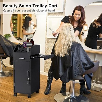 Winado Salon Trolley Cart with 4 Trays, 3 Hair Dryer Holders, Black | Lockable Beauty Storage Cabinet with 4 Drawers, Rolling Hairdressing Station on Wheels for Salon, Spa & Barber Shop