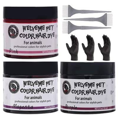 Dog Hair Dye Set, Permanent Pet Hair Color - 3 Dog Hair Color Brushes & Gloves, Non-Toxic Safe Dog Hair Dye kit (Magenta Purple Pink - 2)