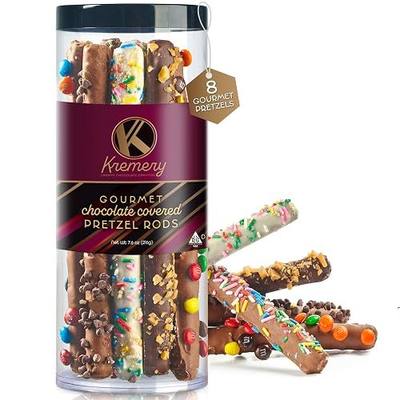 KREMERY Creamy Chocolate Cravings - Chocolate Covered Pretzel Rods Gift Basket with Candied Toppings (8 Pretzels) Sweet Treats in Clear Tube Kosher