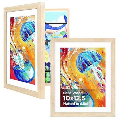 KINLINK 10x12.5 Kids Art Frame 2 Pack, Solid Wood Artwork Frames Changeable, Front Opening Hold 150 Pictures, Art Frames for Kids Artwork, 8.5x11 with Mat 10x12.5 without Mat, Picture Frames Natural