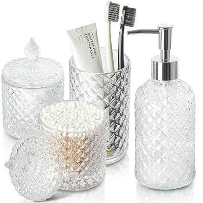 RYTOXILO Bathroom Accessories Set, 4 Pack Clear Glass Bath Accessory Sets Complete, Diamond Soap Dispenser and Toothbrush Holder Set for Bathroom Counter Organizer Essentials, Modern Bathroom Decor