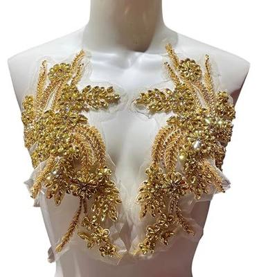 1 Pair of Handmade Rhinestone Appliques,26.5 * 18cm Gold Applique for Dress Wedding,Banquet Evening Gown,Photograph Shot Sewing Rhinestone Patches(Gold)