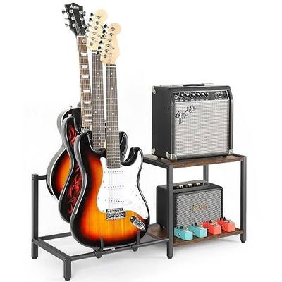 Bikoney Guitar Stand for 3 Electric Bass Guitars with Amp Stand - Heavy Duty Adjustable Guitar Rack Holder for Multiple Guitars & Accessories - Display & Storage Solution for Music Studio Home