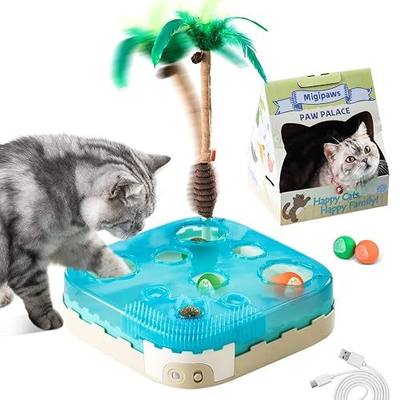 Migipaws 7-in-1 Interactive Cat Toy Motion Activated Indoor Playset with Automatic Pop Bounce Cat Ball, Feather Palm Tree Wand, Catnip Ball & Self-Grooming Cardboard House Rechargeable