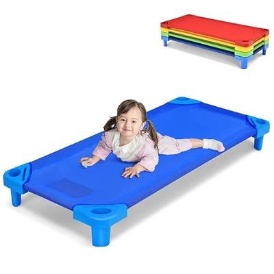 HONEY JOY Kids Daycare Cots, Pack of 4, 52” L Stackable Toddler Nap Cots for Resting, Naptime, Easy Lift Corners, Ready-to-Assemble, Heavy Duty Sleeping Cots for Preschool Nursery Classroom