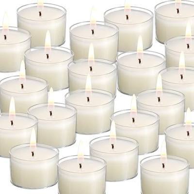 qinxiang 100 Pack Unscented Ivory Clear Cup Tea Light Candles for Dinner, Wedding, Party, Spa, Church, Home Decor Tealights