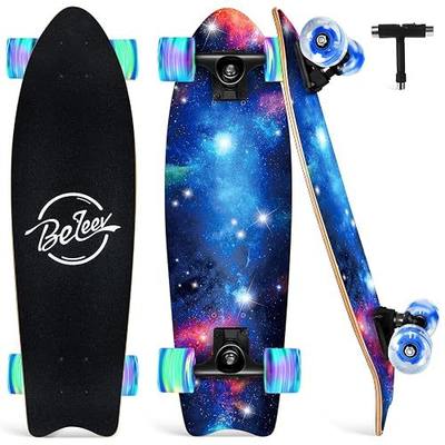 BELEEV Cruiser Skateboards for Beginners, 27 x 8 inch Complete Skateboard for Kids Teens Adults, 7 Ply Canadian Maple Double Kick Deck Concave Skateboard with Skate T-Tool