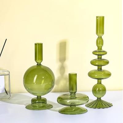 Rtteri 3 Pcs Glass Candlestick Holders Glass Candle Holders Groovy Wavy Elegant Taper Candle Stick for Wedding Home Birthday Party Easter St Patricks Day Decoration Windowsill Decor(Green)