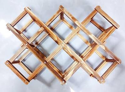 Foldable Wooden Wine Rack, 10-Bottle Expandable Countertop Wine Holder with 8 Individual Slots and Top Storage, Carbonized Pine, No Assembly Required
