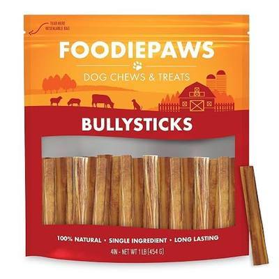 FOODIEPAWS 4 Inch Bully Sticks for Dogs, 1 lb Bulk Pack | All Natural Grass-Fed Beef Pizzle | Rawhide-Free, Odor-Free & Fully Digestible Chews | Dental Treats for Puppies & Small Dogs